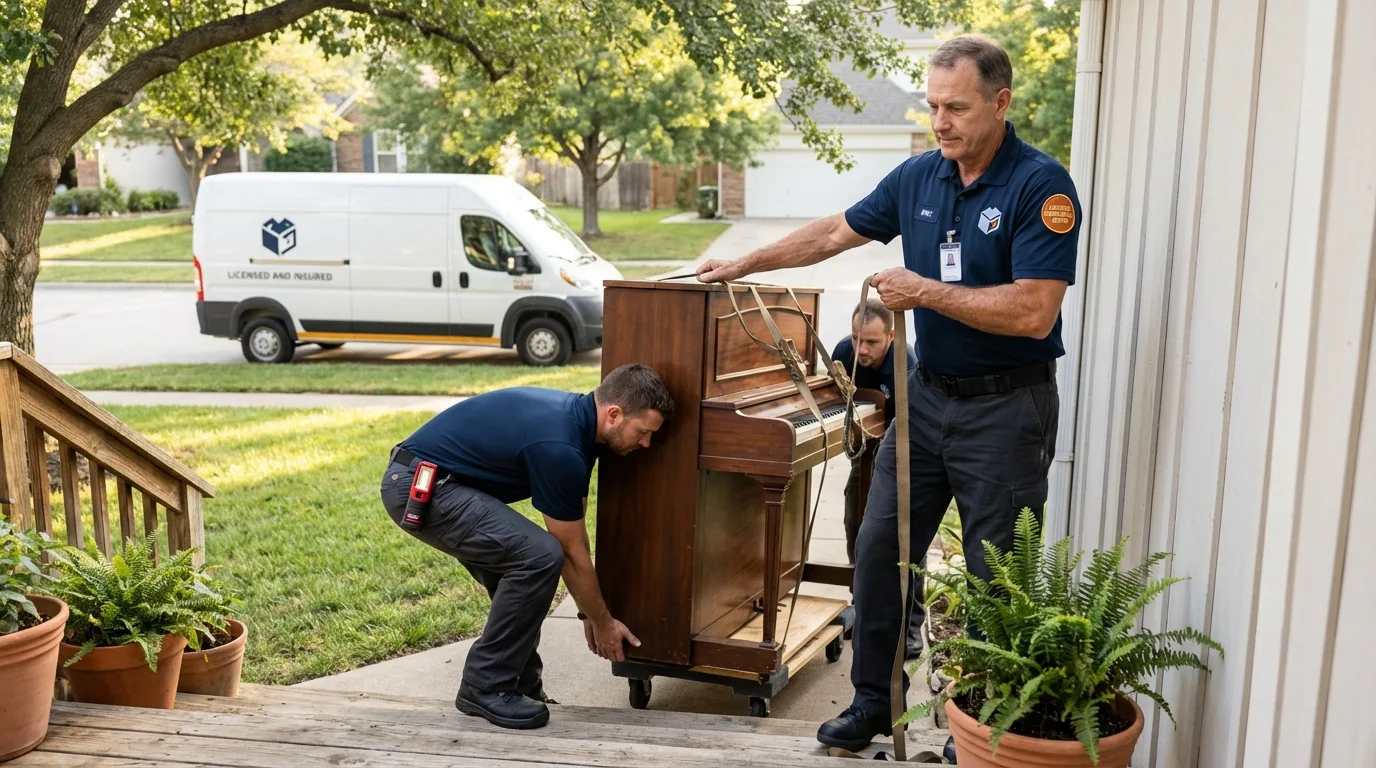 Licensed piano movers securing grand piano in Troy, KS