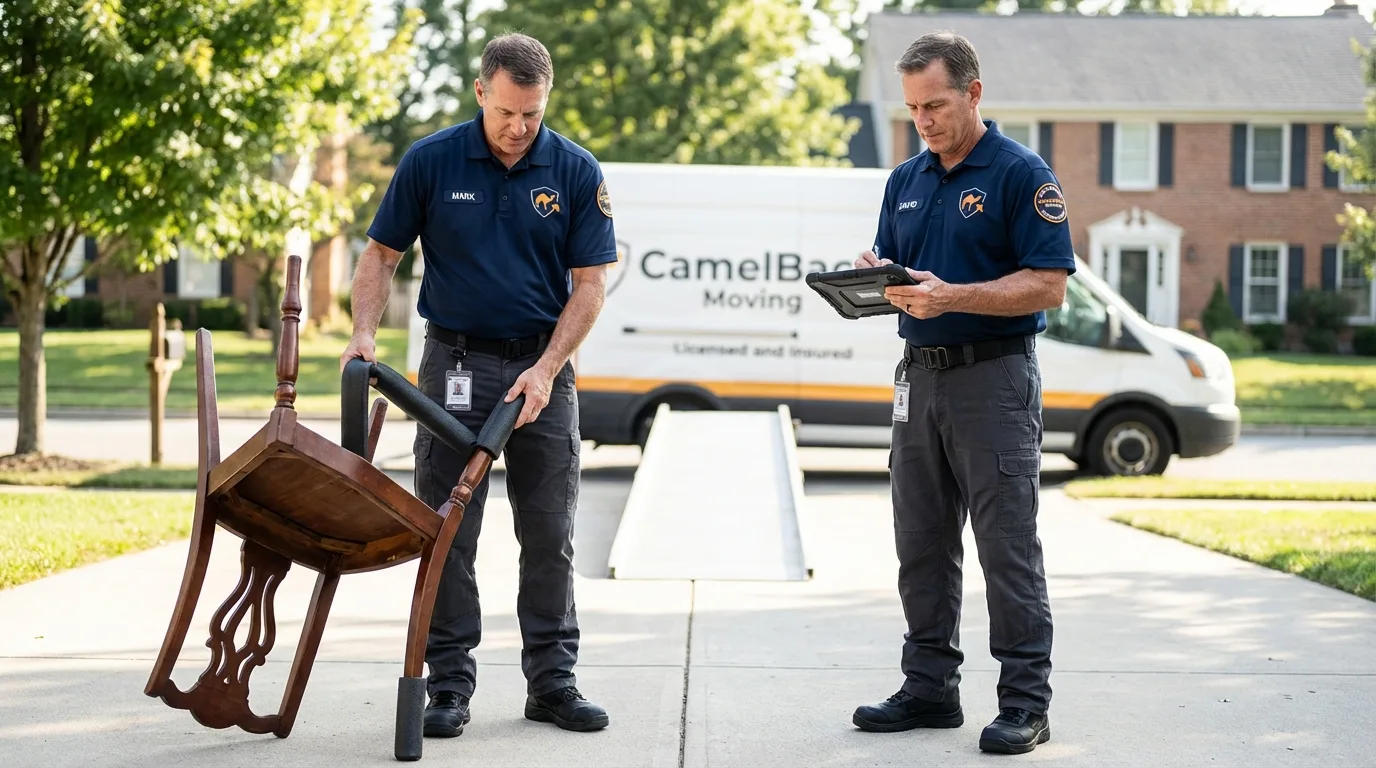 Movers inspecting furniture for damage prevention before loading in Troy, KS