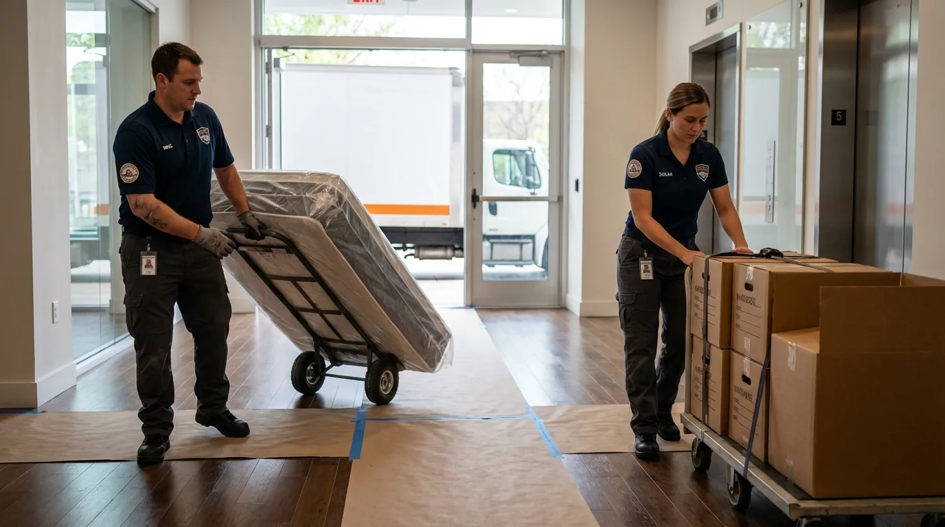 Professional apartment movers loading elevator in Troy, KS